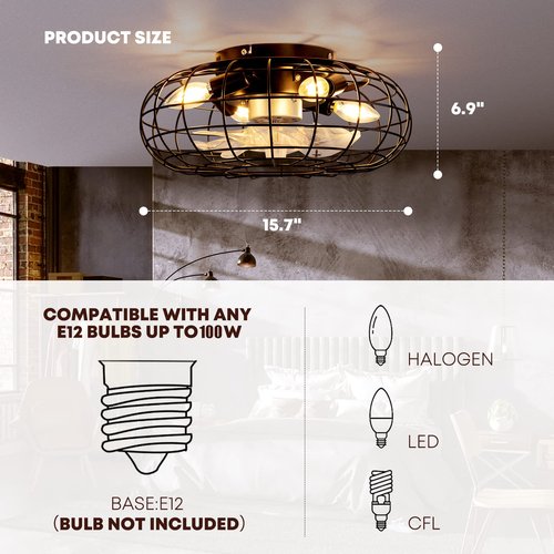 NookNova Ceiling Fan with Lights, 16 Inch Caged Ceiling Fan Lights Remote Control Small Industrial Ceiling Fan Light Fixture Flush Mount Farmhouse Light 8 Speeds Bladeless Lights for Bedroom Kitchen