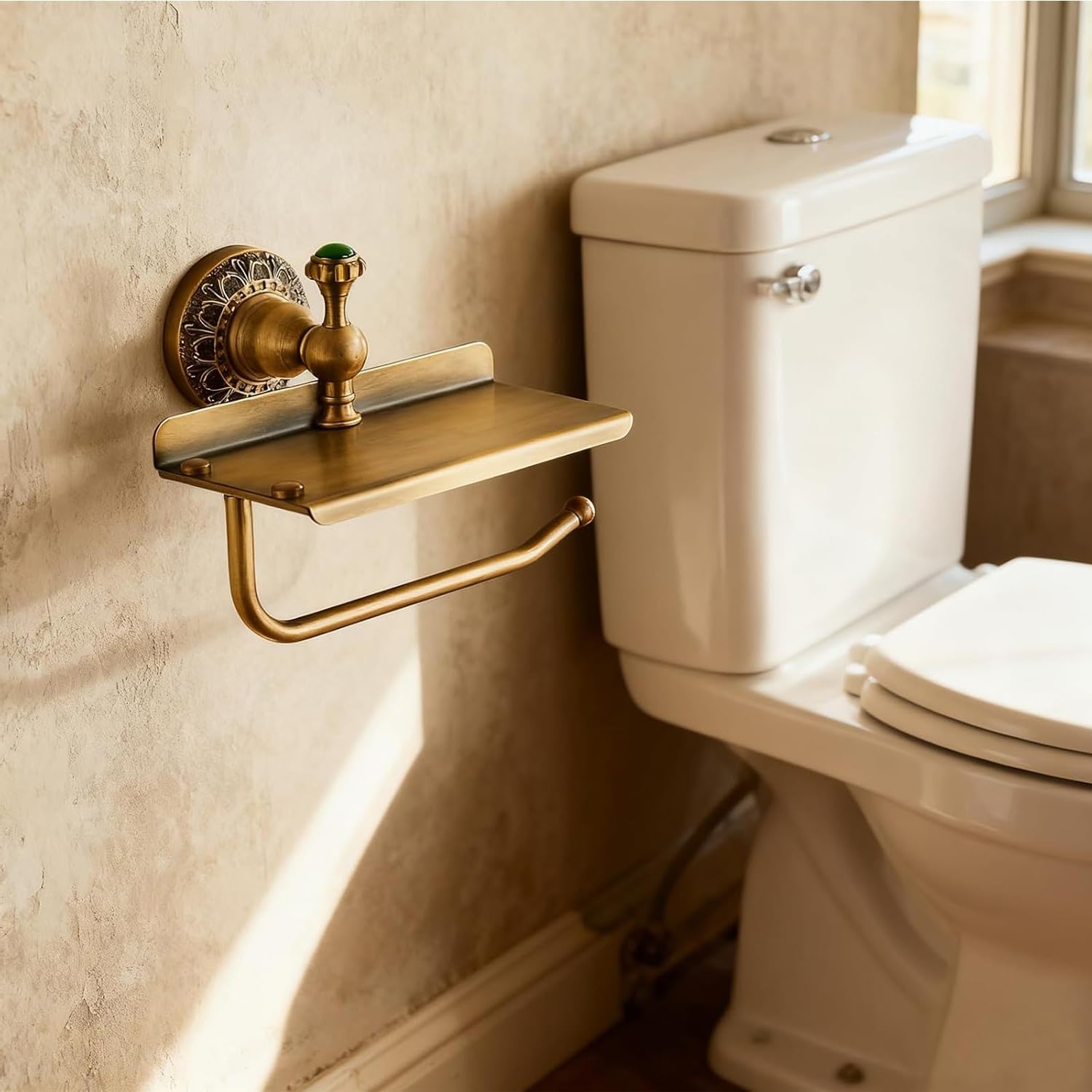 Toilet Paper Holder, NEWRAIN Vintage Bathroom Toilet Paper Roll Holder with Shelf, Solid Brass RV Tissue Roll Holder Wall Mounted, Antique Commercial Farmhouse Toilet Paper Dispenser
