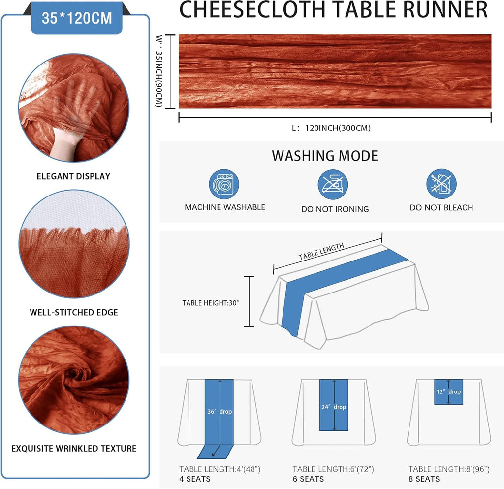 Skiennix Terracotta Cheesecloth Table Runner - 10 FT Long, Semi-Sheer Boho Rustic Design | 35 x 120 Inch