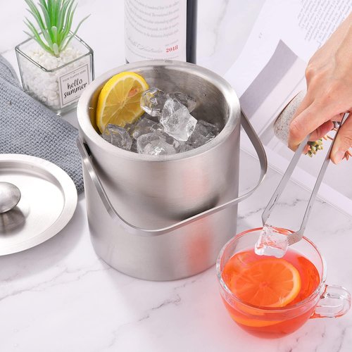 Mini Ice Bucket Portable Double Wall Ice Bucket with Tong,Stainless Steel Hotel Bucket/Champagne/Beverage Bucket,Size 1.3 Liters 5.5 x 5.5 in,Serveware for Party,Event,and Camping.