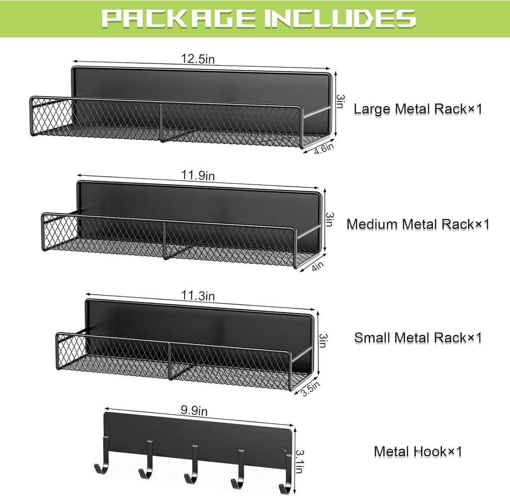 Skiennix Magnetic Shelves - Heavy-Duty Laundry Organizer with Hooks | 4 Pack, Black Metal Storage Baskets