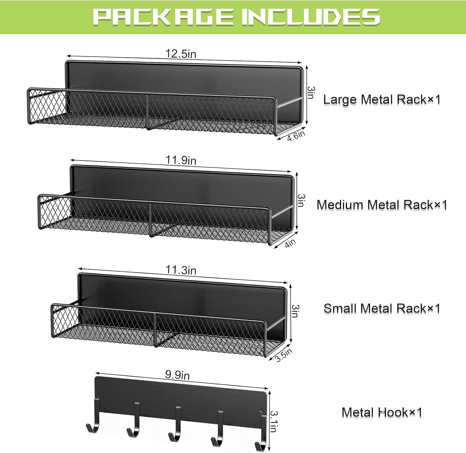 Skiennix Magnetic Shelves - Heavy-Duty Laundry Organizer with Hooks | 4 Pack, Black Metal Storage Baskets