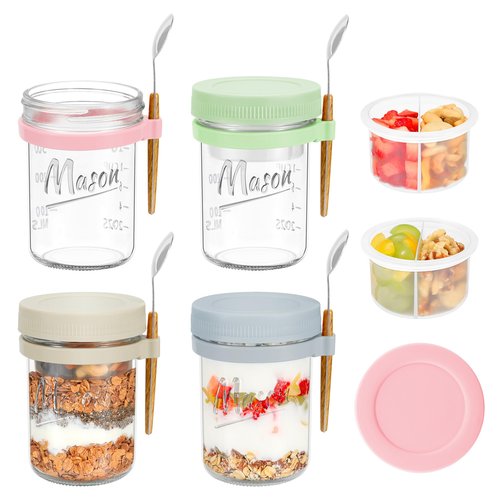 Xyptorix 4 Pack Overnight Oats Containers with Lids and Spoons, 16 oz Mason Jars with Removable Separate Compartments, Airtight and Leak-Proof Glass Jars for Chia Pudding, Yogurt, and Oatmeal