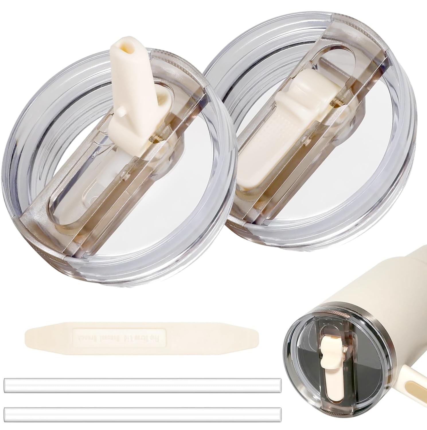 2 Pack 30 oz Tumbler Flip Straw Lid for Stanley Quencher ProTour Leak Proof Lid Replacement for Stanley H2.0 Quencher, Spill Proof Reusable Lid for Stanley Cup Accessories(Cream & Cream, 30 oz)
