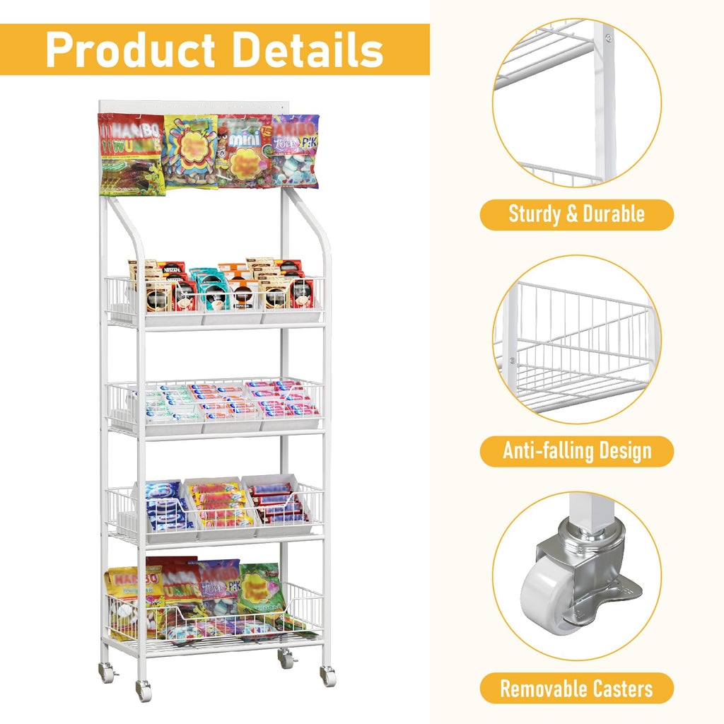 Qriocioa Retail Snack Display Rack 4-Tier White Metal Candy Potato Chip Metal Wire Display Shelf Brackets with Wheels & Hooks Multifunctional Snack Shelf Organizer for Pantry Kitchen, White