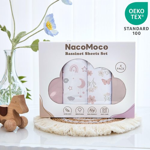 4 Pack Bedside Bassinet Sheets - 33"x20" Bassinet Sheets for Baby Delight, Angelbliss, Maxi-COSI & Most Regular Size Bedside Sleeper | Ultra Soft & Skin Friendly Bassinet Fitted Sheet for Girls