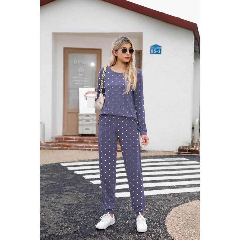 MINTREUS Women's Pajama Set Long Sleeve Sleepwear with Pockets - Navy Blue M