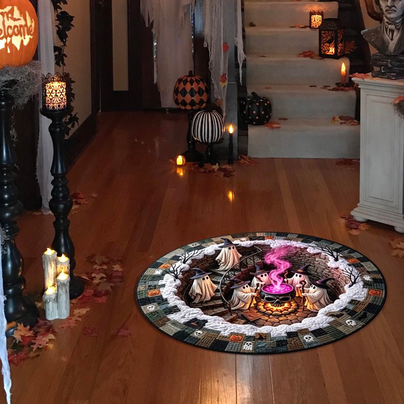 Halloween Round Rug 50cm Optical Illusion Ghost Pumpkin Skull Doormat - Variation 3