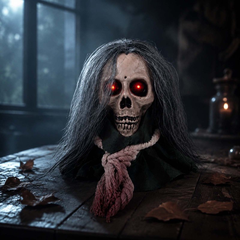 Halloween Moving Skull Head Prop with Long Hair & Glowing Red Eyes - White Variation