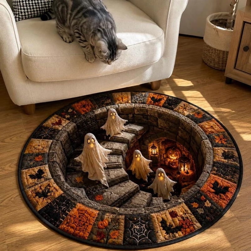 Halloween Optical Illusion Round Doormat 15.7x15.7in Scenic Staircase Rug with Ghosts and Pumpkins - OVFUIZ Variation 01