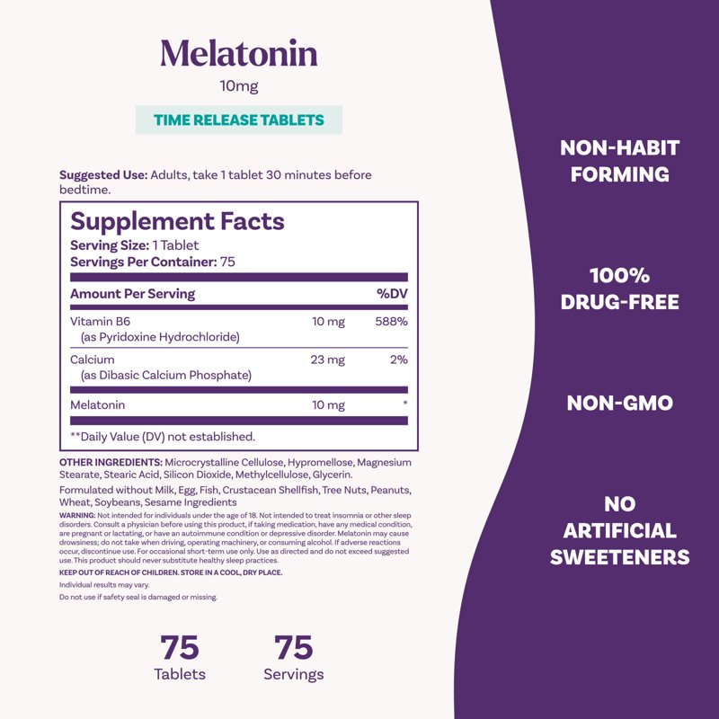 Melatonin Sleep Aid Tablets - 10mg Time Release, 75 Count