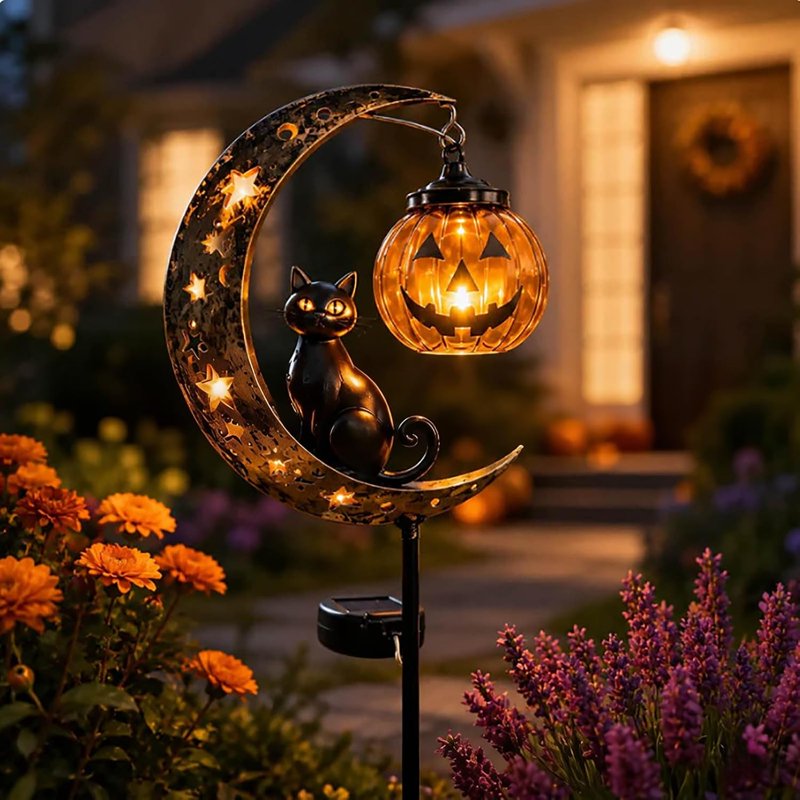 Solar Halloween Black Cat & Pumpkin Moon Garden Stake Light - Waterproof Outdoor Decor - Variation B