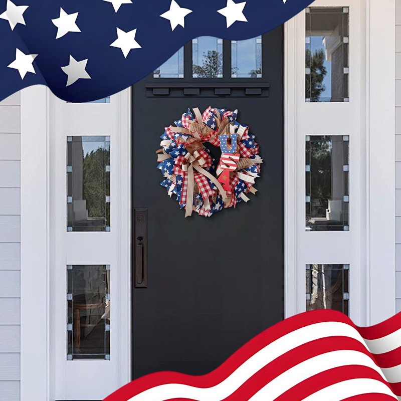 4th of July Patriotic Wreath for Front Door - Red White Blue Flower Wreath - Variation C