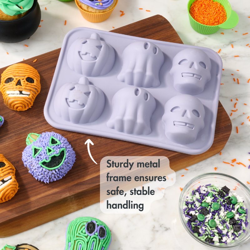 Silicone Cakelet Pan with Jack-O'-Lantern Ghost Skull Designs - Halloween Baking Mold