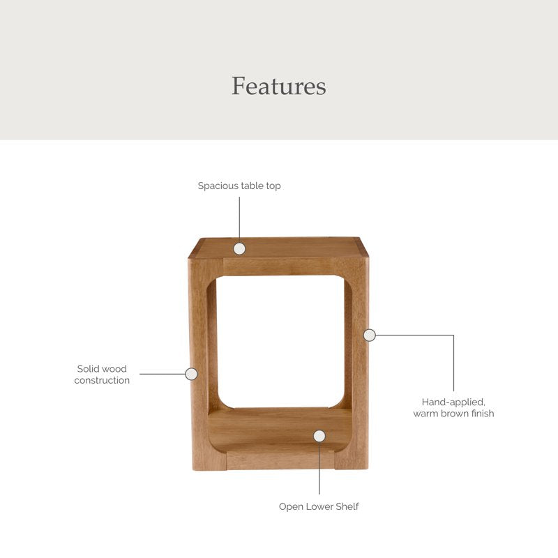 End Table with Open Shelf - Solid Wood, Warm Brown Finish