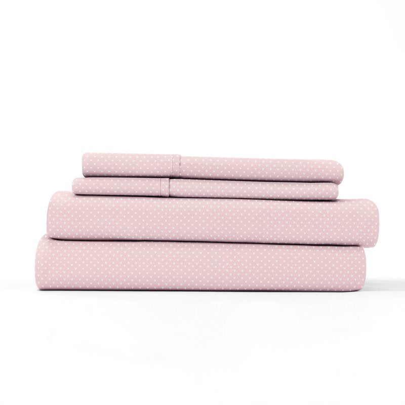 Full Microfiber Bed Sheet Set with Heart Pink Pattern - 4 Piece