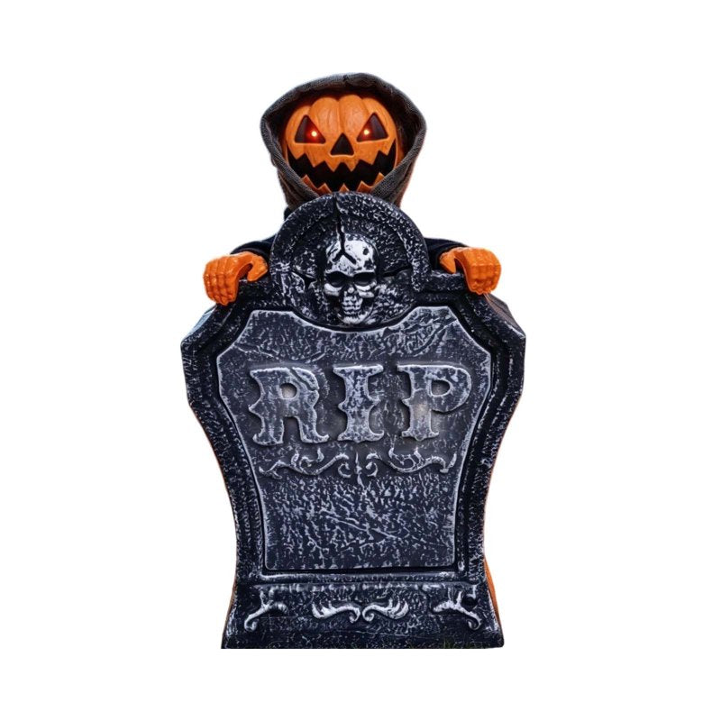 Halloween Animated Tombstone Decor with Rising Skeleton and Pumpkin - Voice Activated Outdoor Yard Prop