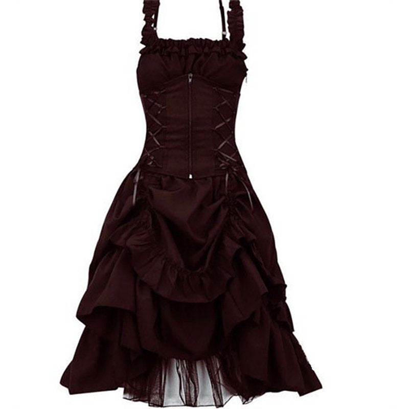 Women's Gothic Corset Dress with Suspenders - Halloween Costume, Size L, Wine & Halloween Variation