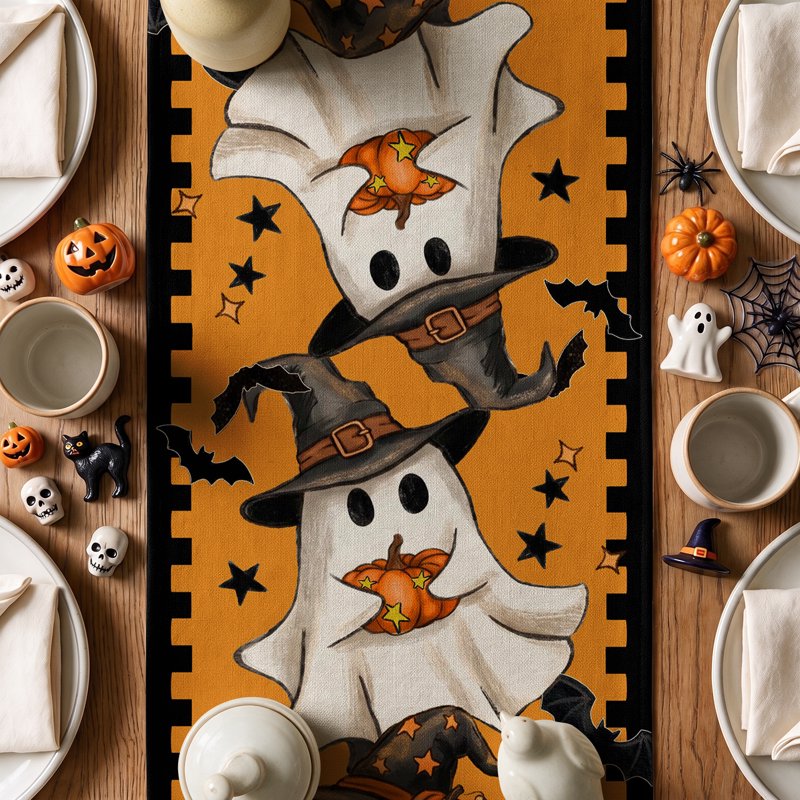 Halloween Table Runner Ghost Pumpkin 13x72 Inch - Indoor Outdoor Decor, Orange Variation H