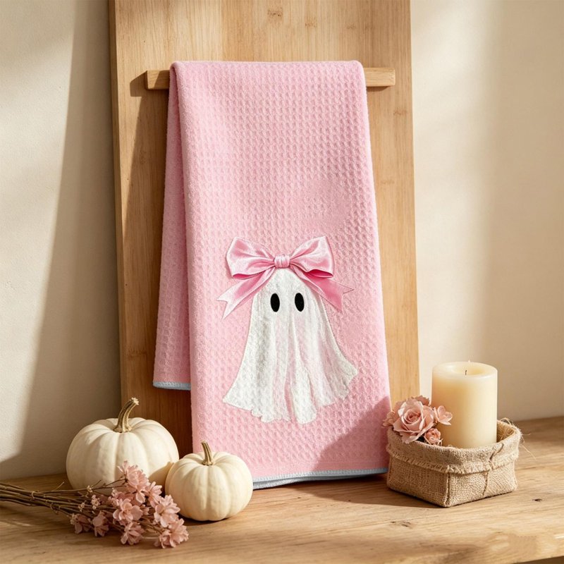Pink Ghost Halloween Kitchen Hand Towel - Cute Fall Bathroom Decor - Variation K-A