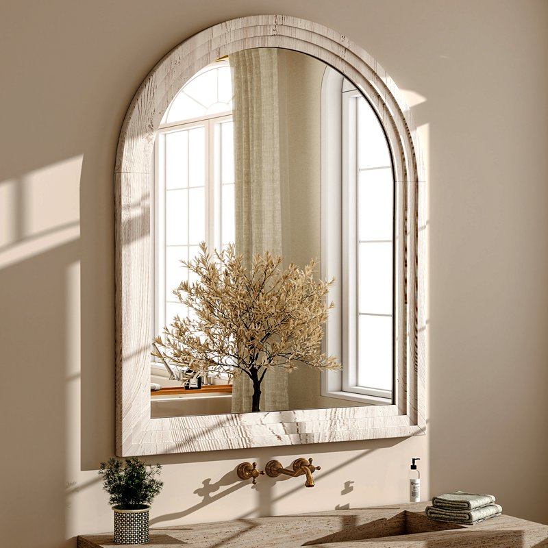 30x40 Arched Wooden Wall Mirror - White Framed Bathroom & Living Room Decor