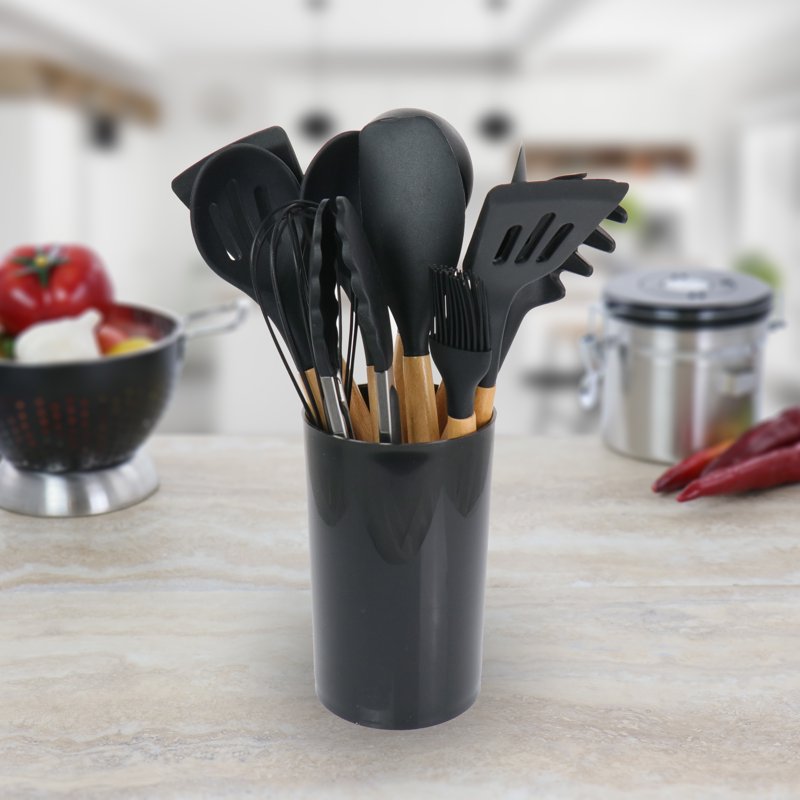 12 Piece Silicone and Wood Cooking Utensil Set - Black