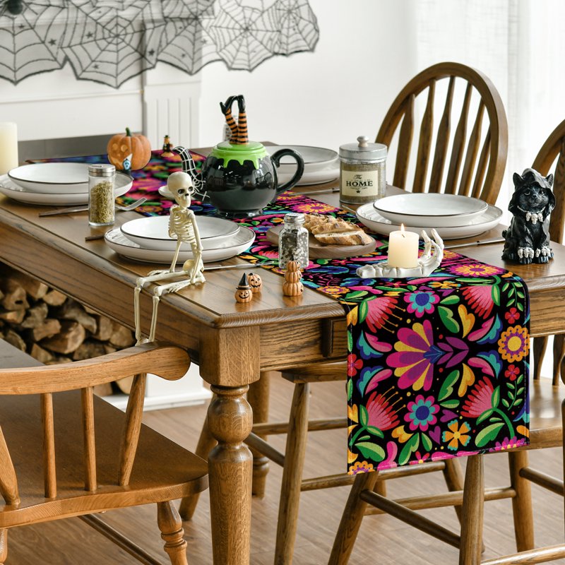 Black Floral Dia De Los Muertos Serape Table Runner 13x72 - Mexican Fiesta Decoration - Variation 1