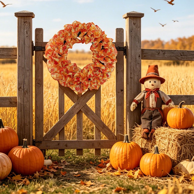 Nkmbld Fall Wreath for Front Door - Large Orange Maple Leaf Ruffled Fabric, Halloween & Thanksgiving Decoration E-9