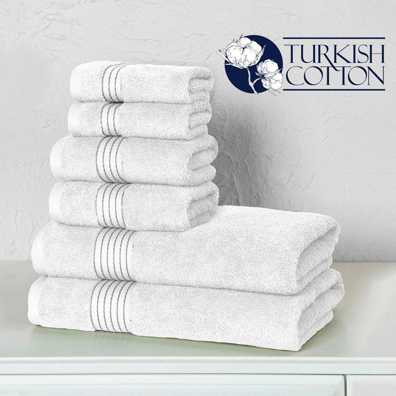 Turkish Cotton 6-Piece Bath Towel Set - Super Soft, Highly Absorbent, White/Gray