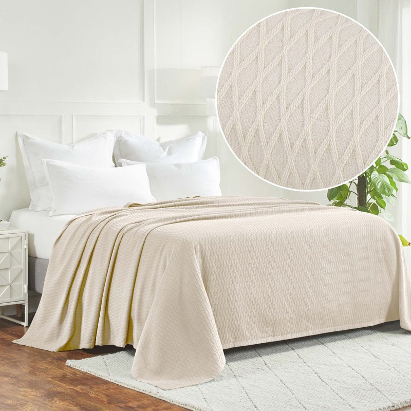All-Season Cotton Bed Blanket - Full/Queen Ivory Diamond Weave