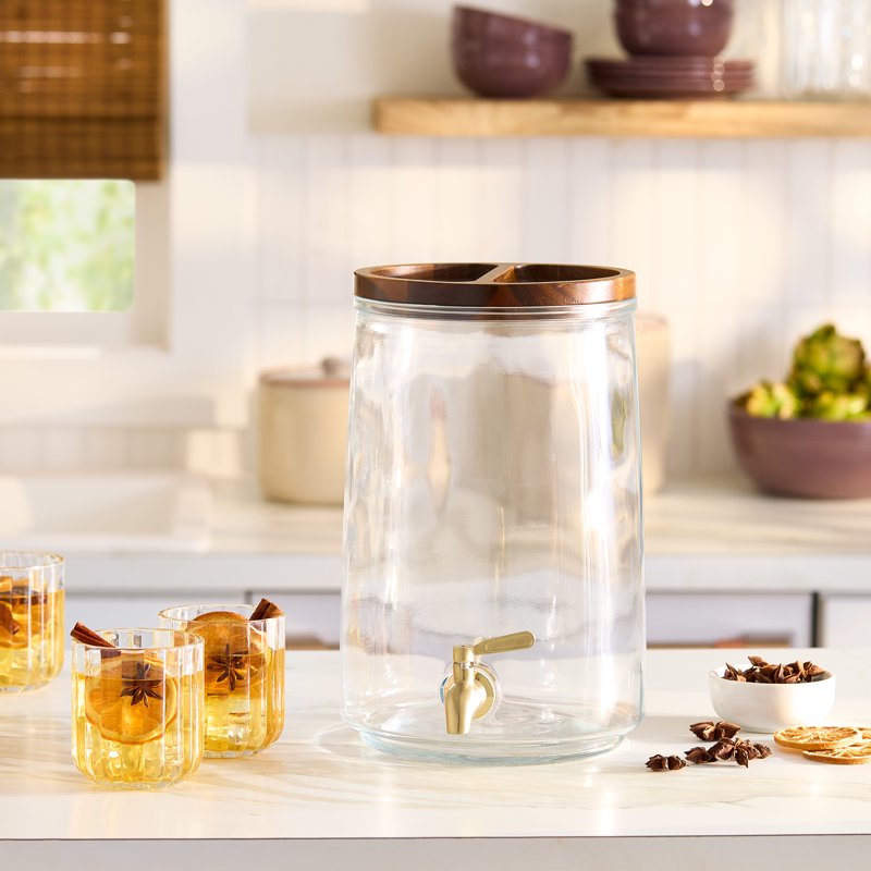2 Gallon Glass Beverage Dispenser with Wood Lid - Clear