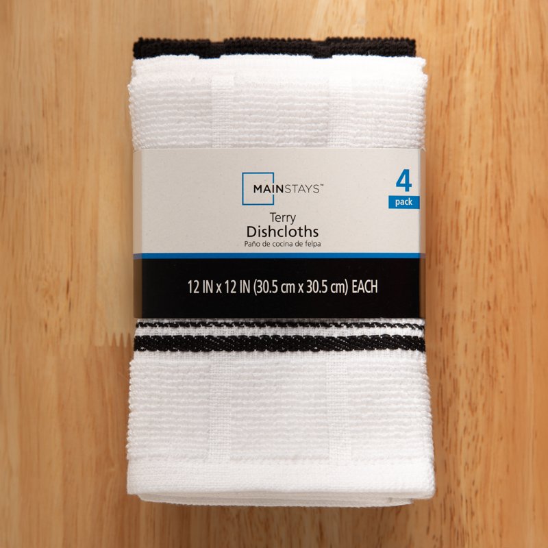Cotton Dishcloths - 4 Pack, 12x12 Inches, Black Stripes