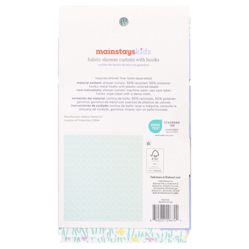 Mainstays Kids Fabric Shower Curtain with Hooks Set - Meadow