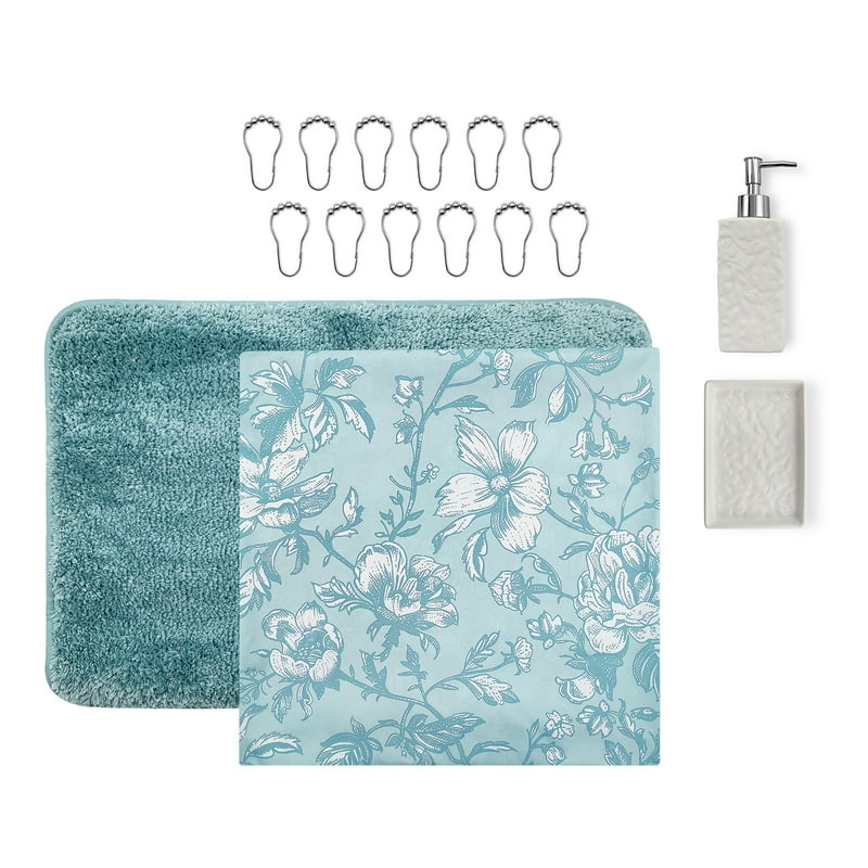 Blue Floral Shower Curtain Bathroom Set with Rug, Hooks, Soap Dispenser & Tray