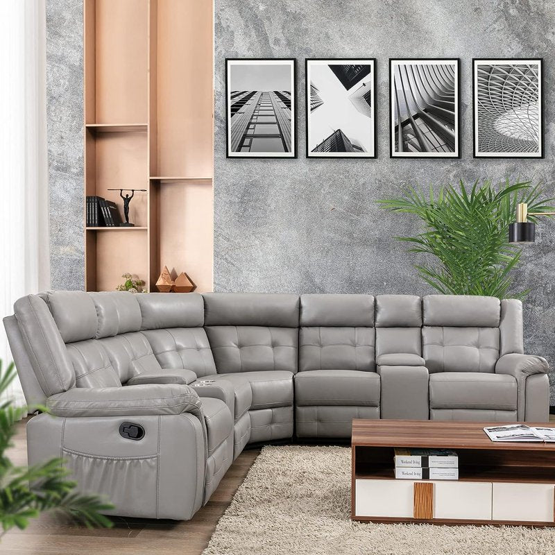 PU Leather Reclining Sectional Sofa Set with 2 Consoles & Storage