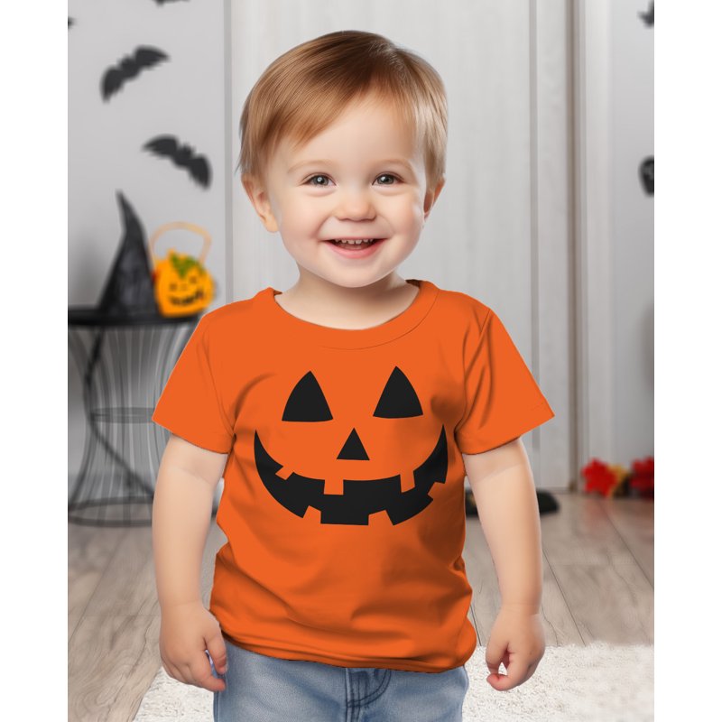 Kids Halloween T-Shirt Jack O' Lantern Spooky Pumpkin Face XL Orange - Boys & Girls Costume Tee