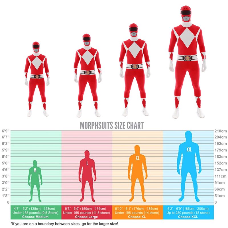 Adult Red Power Ranger Morphsuit Costume XL - Superhero Fancy Dress Halloween