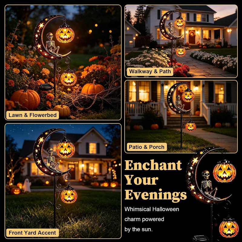 Solar Halloween Skull Garden Stake Light Waterproof Metal Yard Lantern - Black