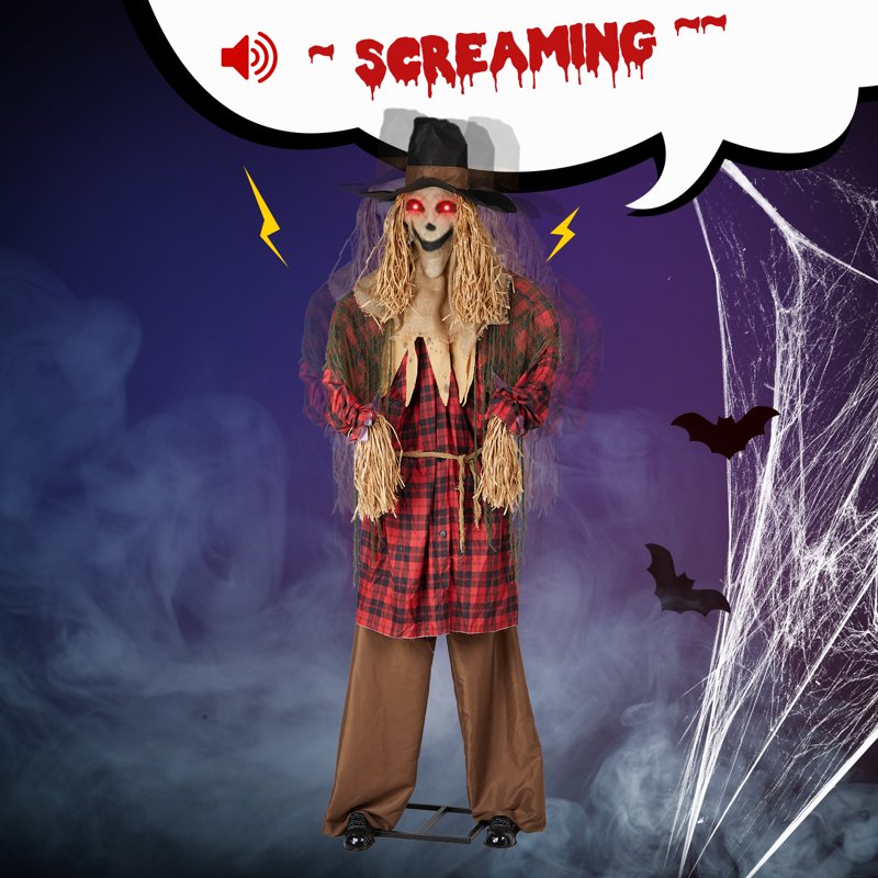 8ft Animated Halloween Scarecrow Decoration with LED Eyes and Screaming Sound