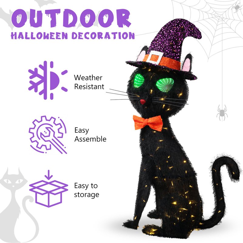 Black Cat Halloween Decor with Animated Infinity Eyes & Witch Hat - 3.5ft Light-Up Outdoor Yard Decoration