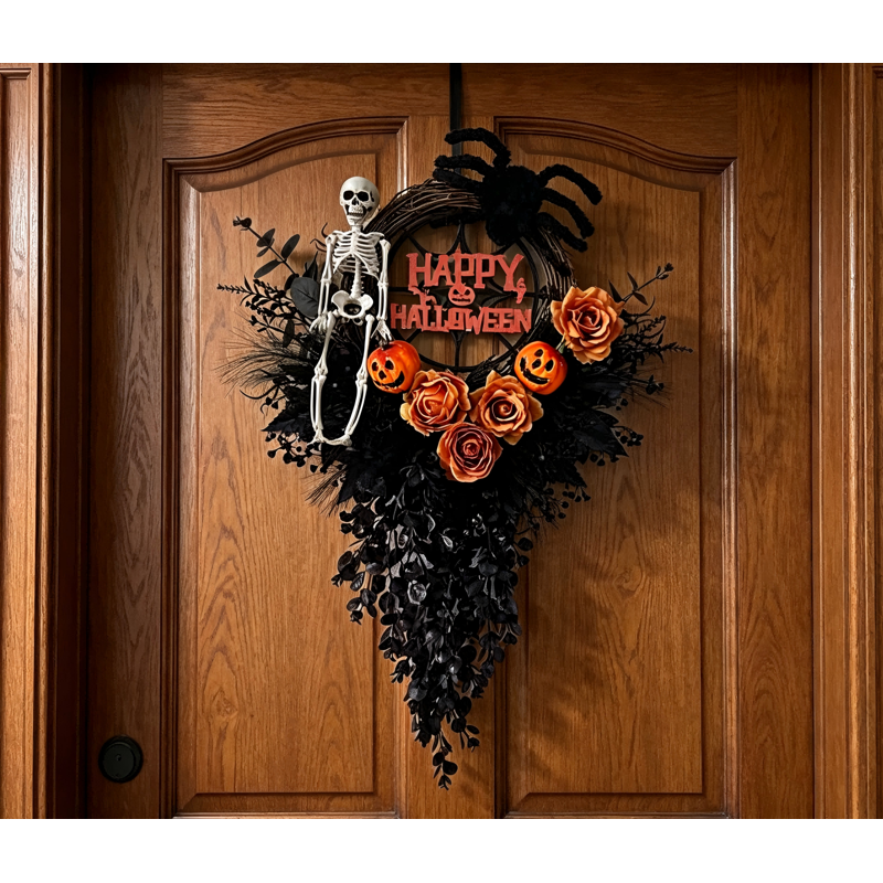Gothic Skeleton Halloween Wreath 26-Inch Door Swag with Pumpkins & Spiders