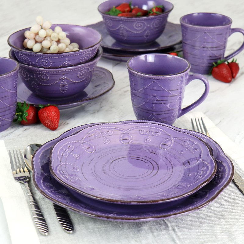 Rustic Birch 16 Piece Stoneware Dinnerware Set - Purple