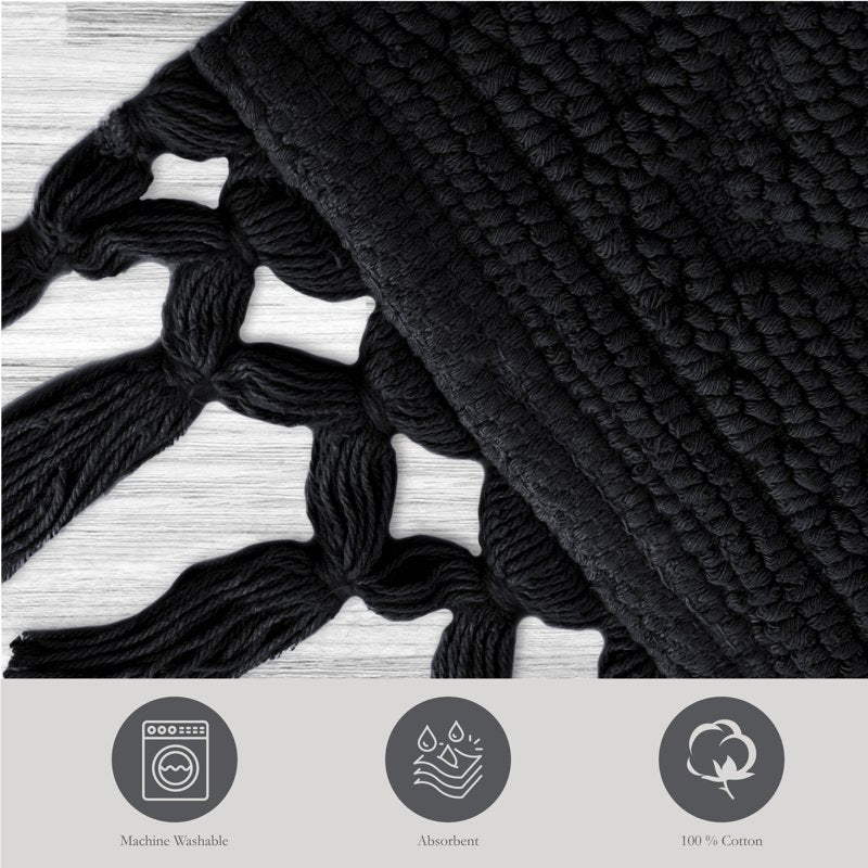 Cotton Fringe Bath Rug - Black, 21 x 34 in. Bohemian Style, Jean Pierre