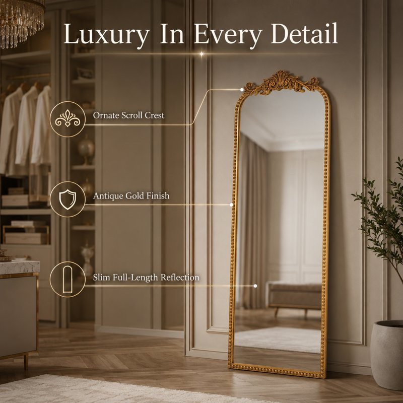 Gold Metal Filigree Arch Floor Mirror 22x64 - Elegant Floor-Length Leaner