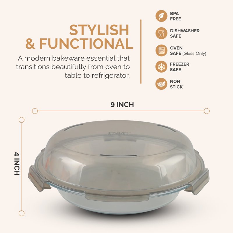 9-Inch Glass Pie Dish with Lid - BPA-Free Borosilicate, Microwave & Dishwasher Safe