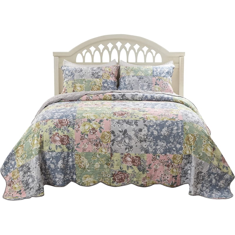 Full/Queen Patchwork Floral Quilt Set with Shams - Cotton Bed Cover