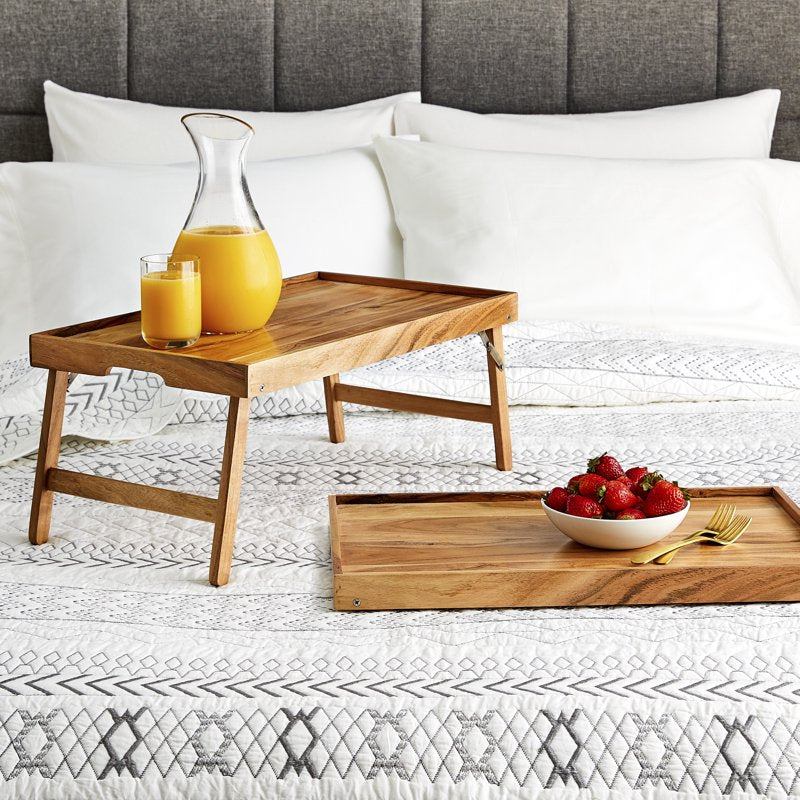 Acacia Wood Bed Tray with Stand - Natural Finish, Single