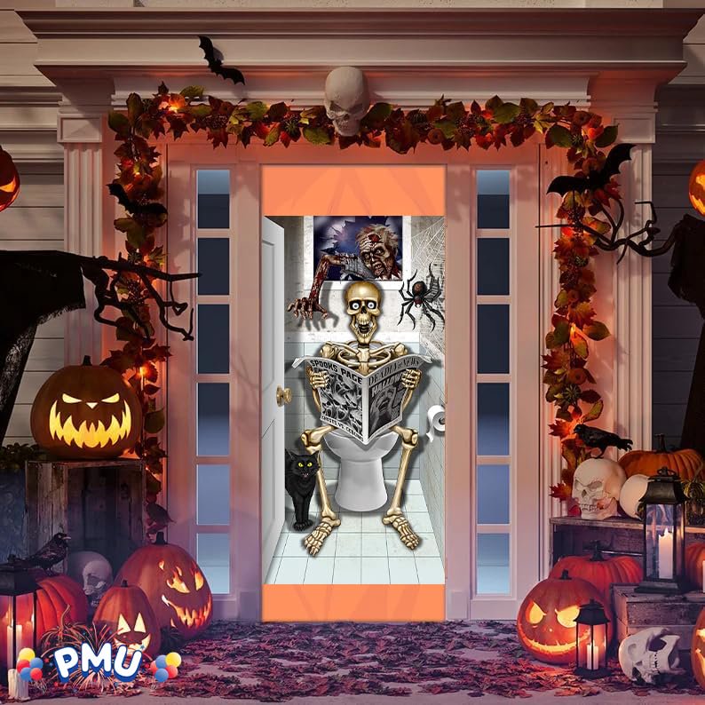 PMU 3-Piece Halloween Bathroom Door Cover Set - Skeleton and Spooky Decor