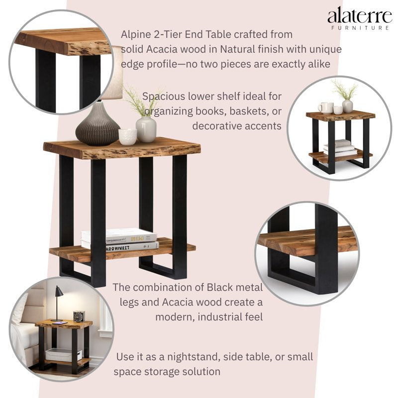 Live Edge Acacia Wood End Table with Storage Shelf