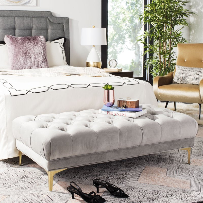 Modern Glam Rectangular Tufted Bench - Grey/Brass